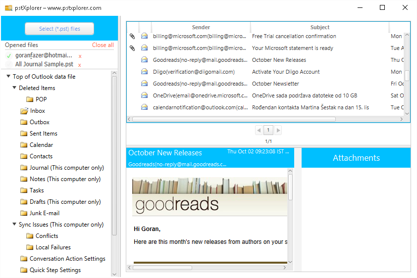 FREE Portable PST File Viewer with Emails, Attachments View from Outlook.pst pstXplorer